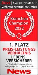 Siegel Branchen Champion 2022: ERGO auf 1. Platz in der Lebensversicherung