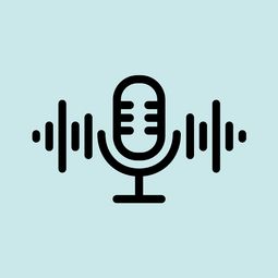 Podcast Cover mit schwarzem Mikrophone Icon und blauem Hintergrund