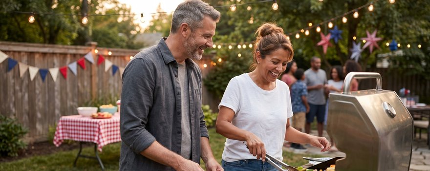 Ehepaar grillt gemeinsam