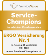 Service Value ServiceChampions Kundendienst Gütesiegel 08/2023– ERGO Versicherung Nr. 1 von 28 Versicherern 