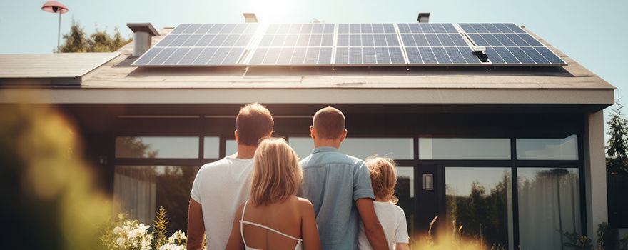 Eine Familie blickt auf ihr Haus mit Photovoltaikanlage