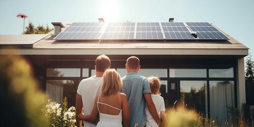 Eine Familie blickt auf ihr Haus mit Photovoltaikanlage