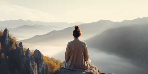 Frau in entspannter Haltung sitz auf einem Felsvorsprung und genießt die Berglandschaft um sie herum