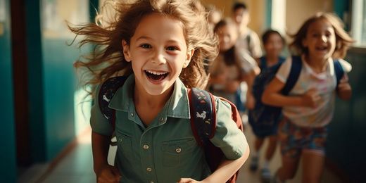 Mädchen läuft bei Schulstart fröhlich über den Gang der Schule